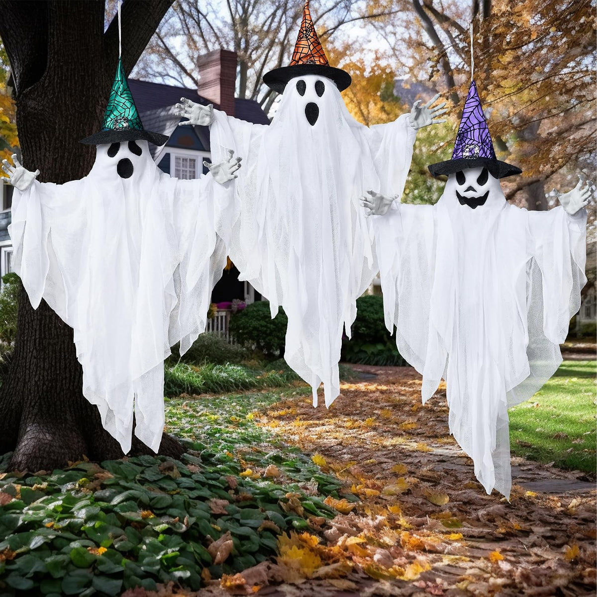 JOYIN 19 Inch Cute Halloween Ghosts with Witch Hats — Kid-Friendly Hanging Decor for Playroom and Bedroom Party