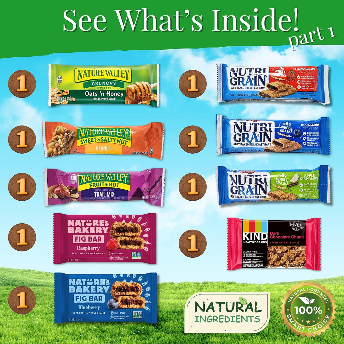 combination of granola bars, trail mixes, fruit snacks, and nut varieties