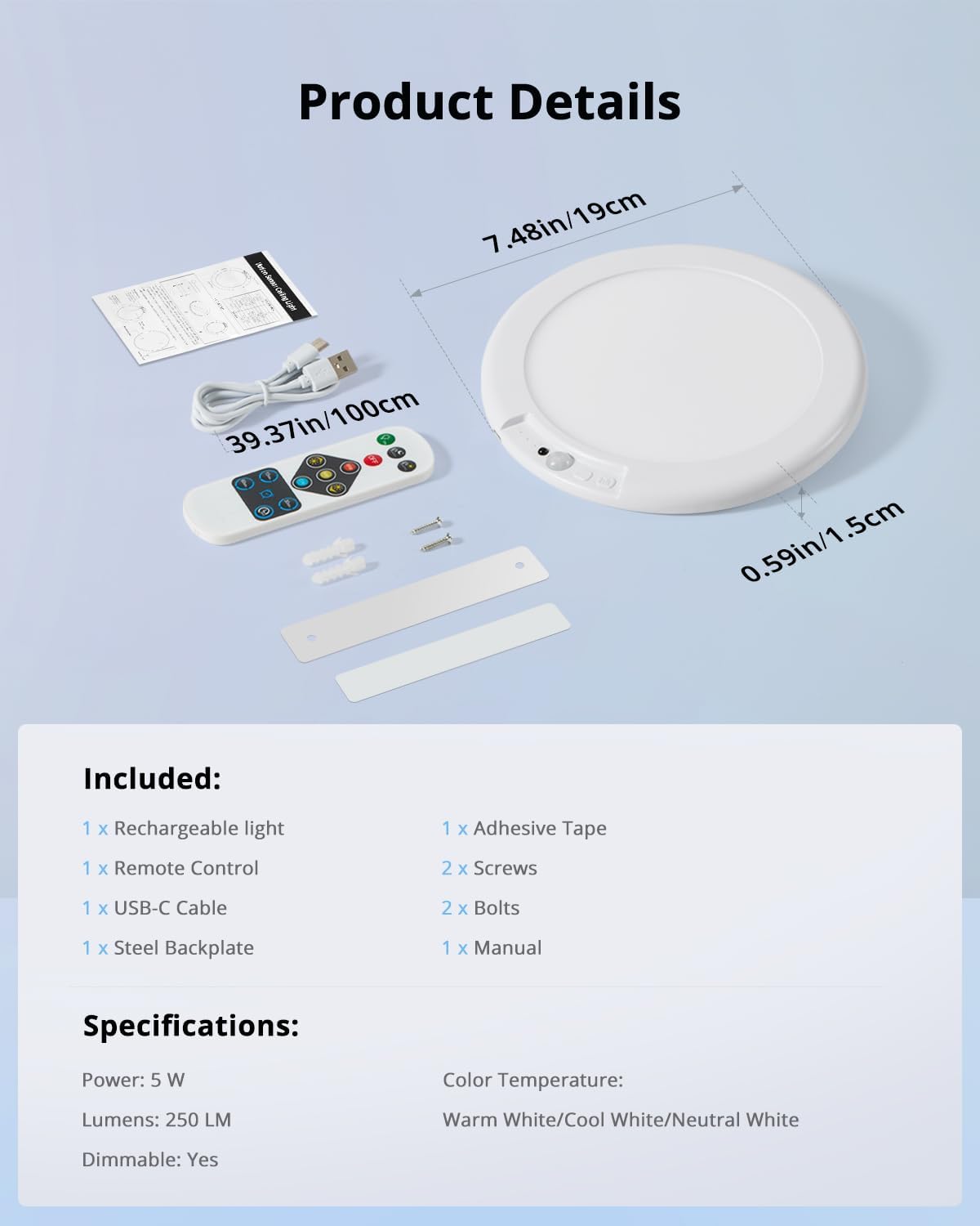 Combuh USB-C Cordless Ceiling Light – Compact Adventure Lighting for Boat Cabins, Trailer Closets, and Backyard Gazebos