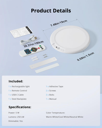Combuh USB-C Cordless Ceiling Light – Compact Adventure Lighting for Boat Cabins, Trailer Closets, and Backyard Gazebos