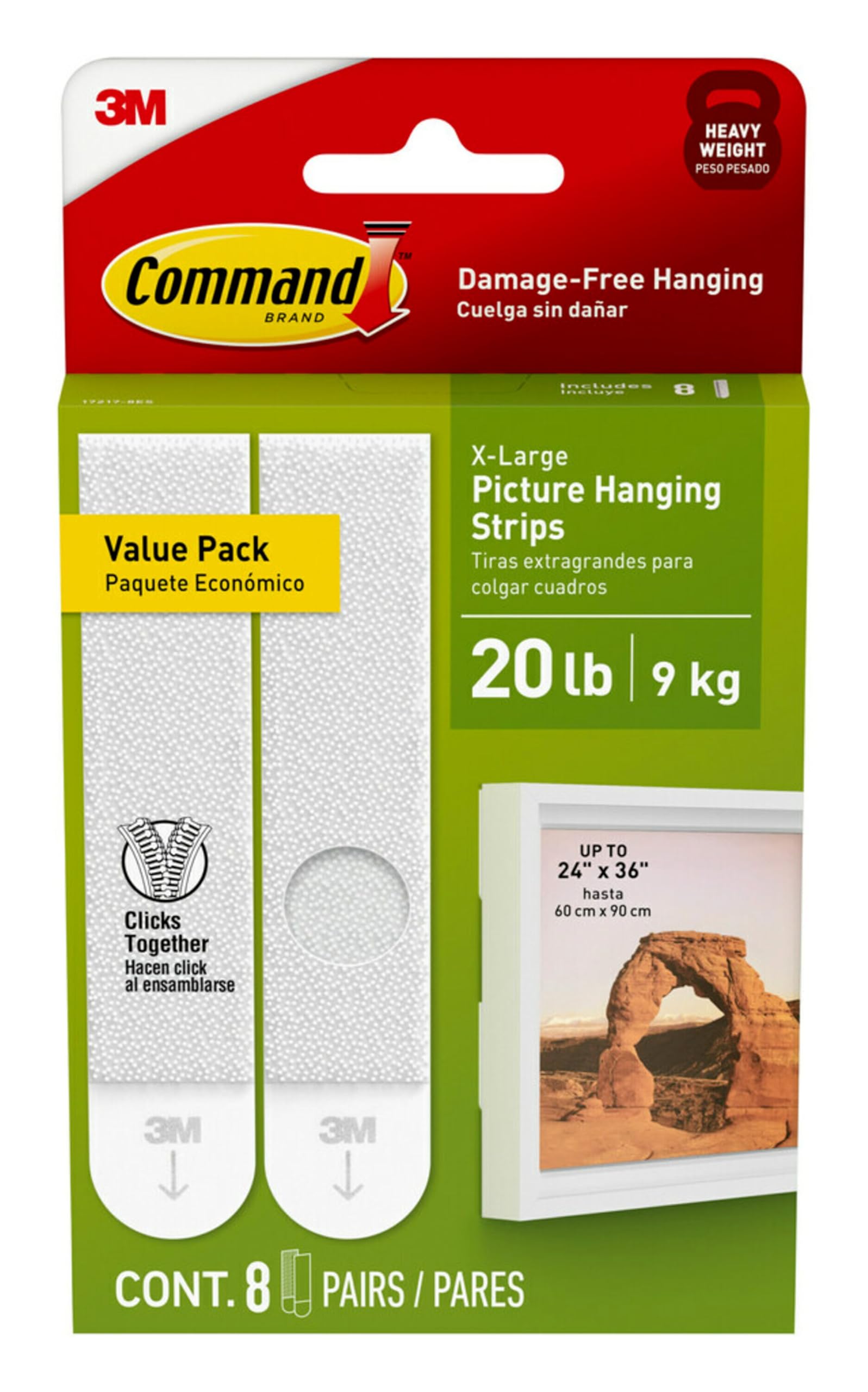 Command 20 Lb XL Heavyweight Picture Hanging Strips, Damage Free Hanging Picture Hangers, Heavy Duty Wall Hanging Strips for Living Spaces, 8 White Adhesive Strip Pairs