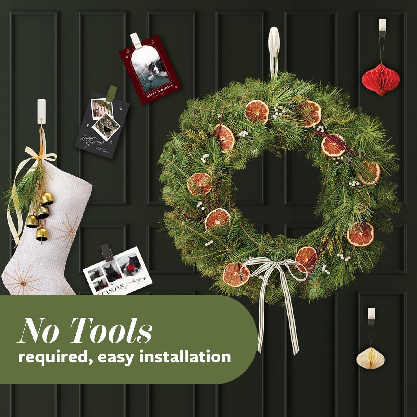 Command No Drill Holiday Hooks in Sage, Safe Wall Hooks for Apartment Doors and Hallways During Family Visits