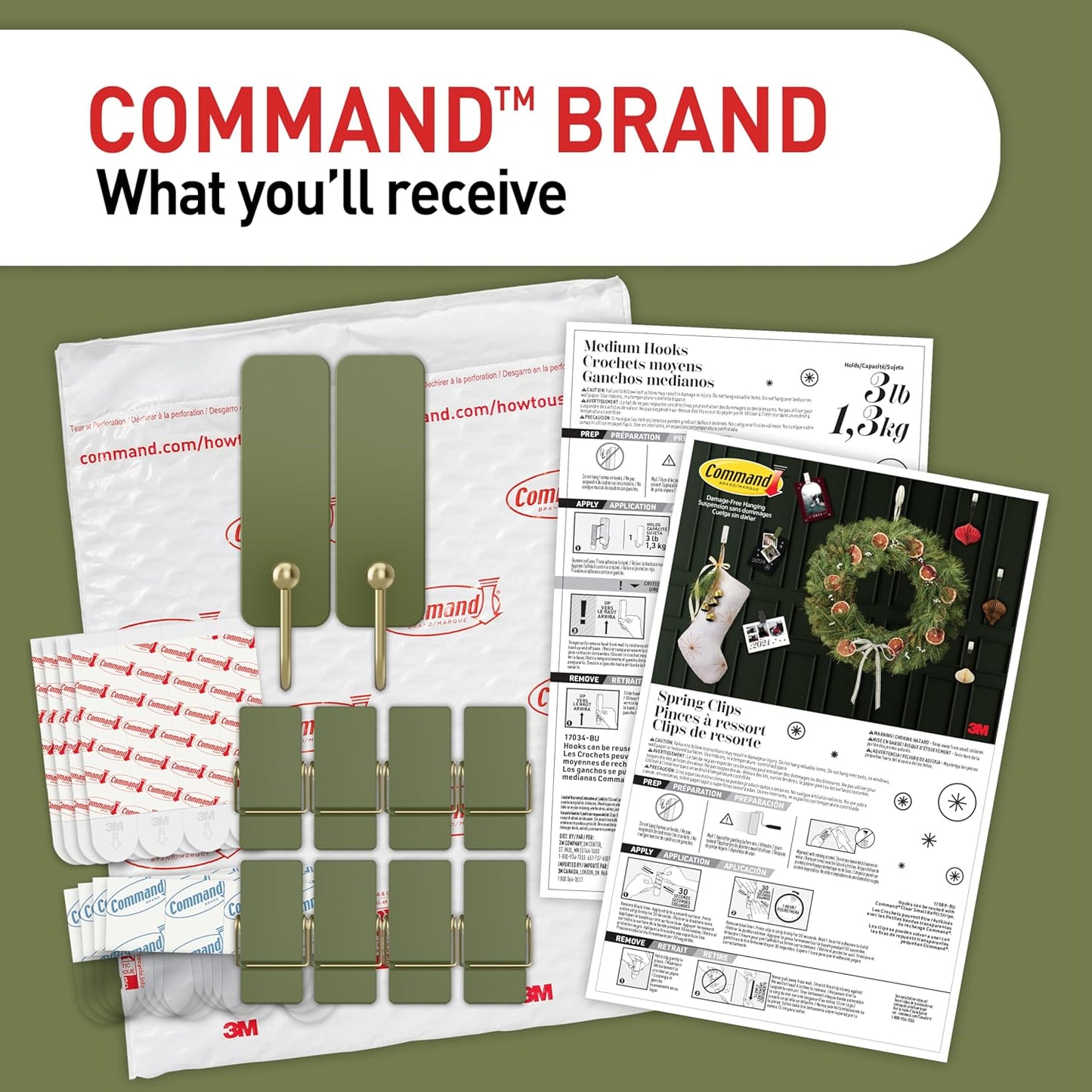 Command No Drill Holiday Hooks in Sage, Safe Wall Hooks for Apartment Doors and Hallways During Family Visits