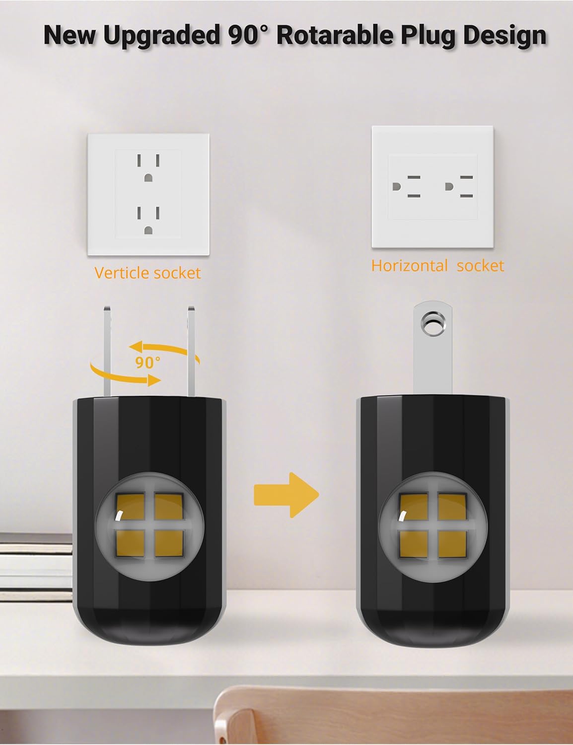 compact 1.1" x 1.1" x 2.4" plastic housing that does not block adjacent outlets