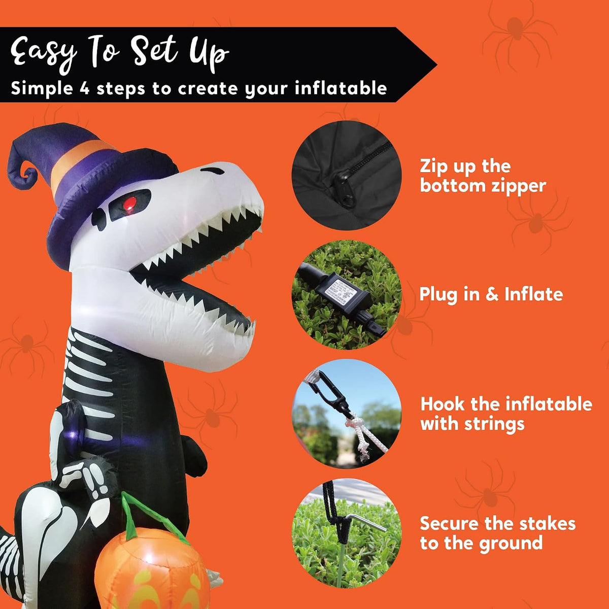 Joiedomi LED-Lit Skeleton T-Rex Halloween Inflatable – 8FT Decorative Centerpiece for Bedroom Corner, Mantel Area & Holiday Home Aesthetic