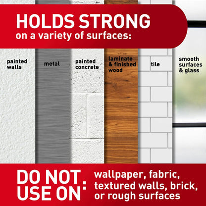 compatible with painted walls, finished wood, painted concrete cinder blocks, laminate, glass, metal, and tiles