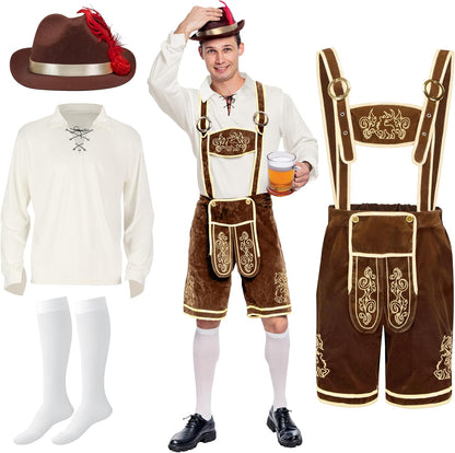complete 4-piece costume set including collar, lederhosen shorts, shirt, and hat