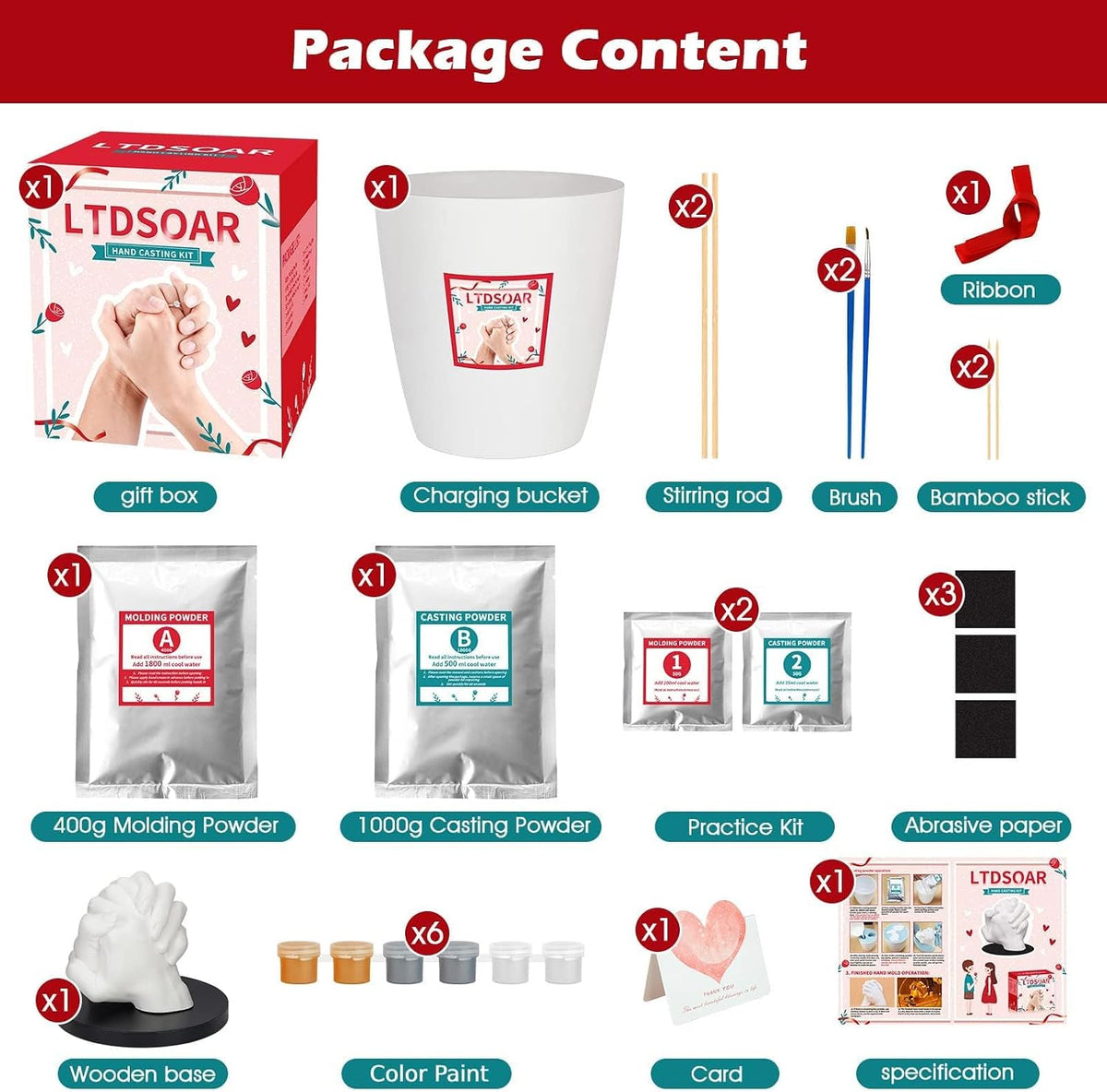 complete accessory set: barrel, stirring sticks, bamboo skewers, greeting card, ribbon, and instruction manual