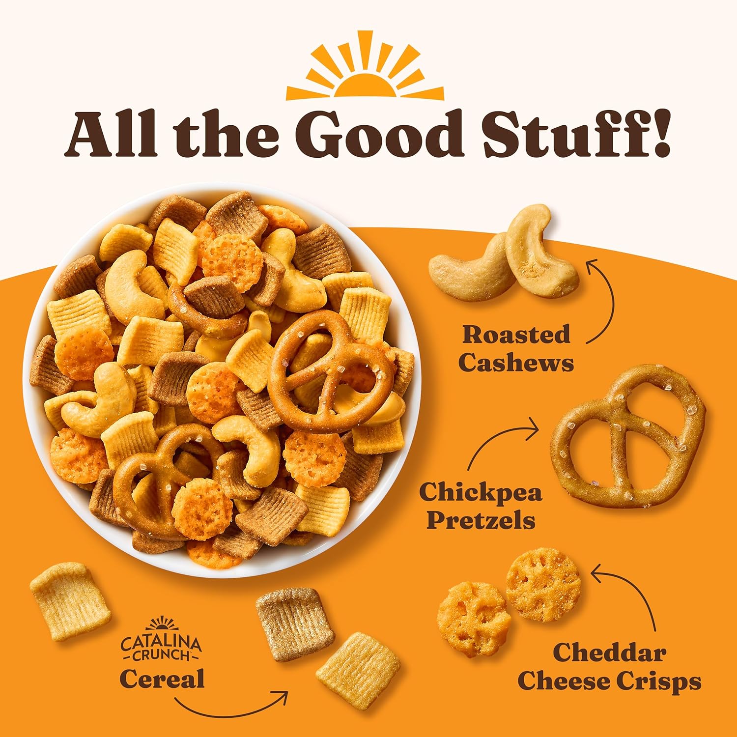composite blend of catalina crunch cereal, chickpea pretzels, cheese crisps, and cashews with cheddar seasoning