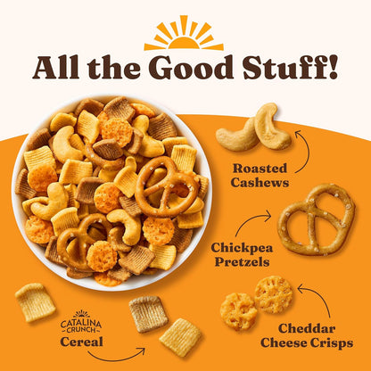 composite blend of catalina crunch cereal, chickpea pretzels, cheese crisps, and cashews with cheddar seasoning