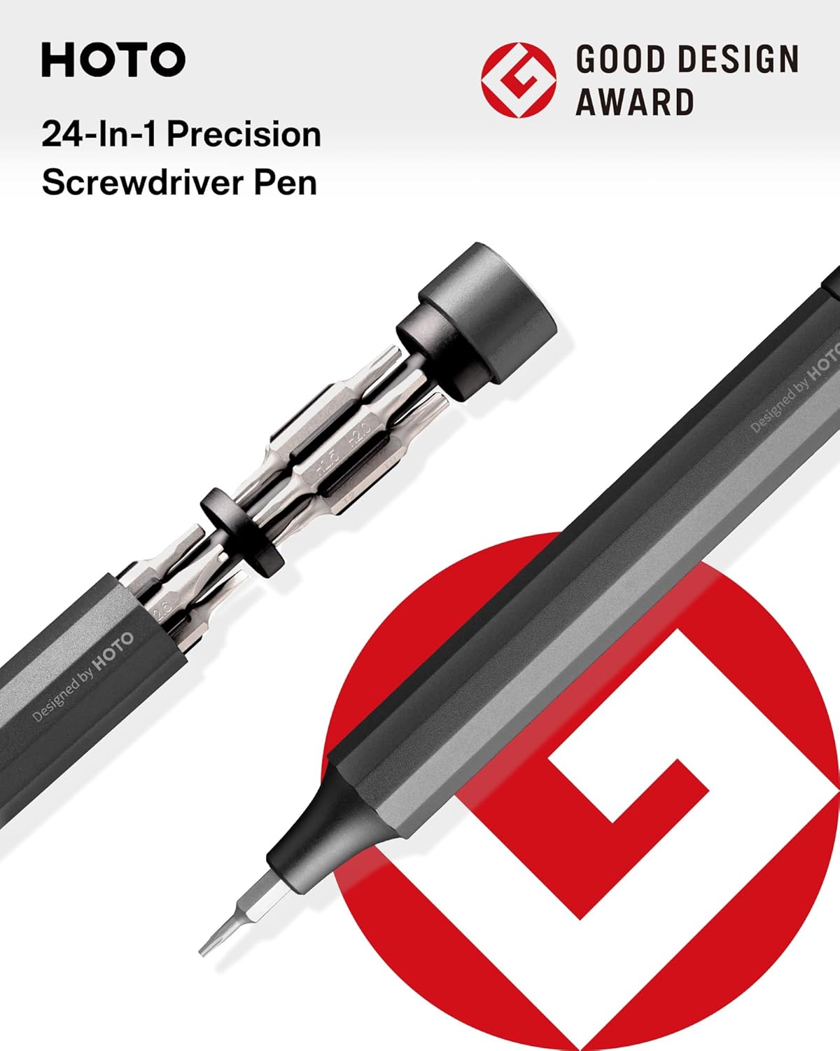 concealed magnetic bit storage slot inside the pen handle with audible click-locking for bit retention