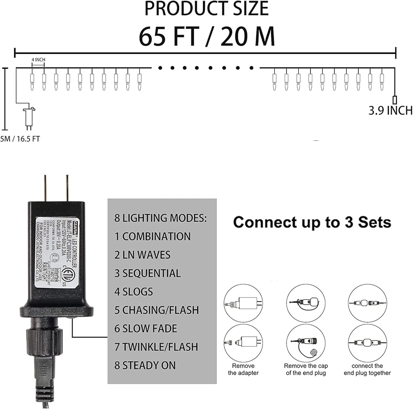 connectable end-to-end up to 3 strings / 1000 leds maximum