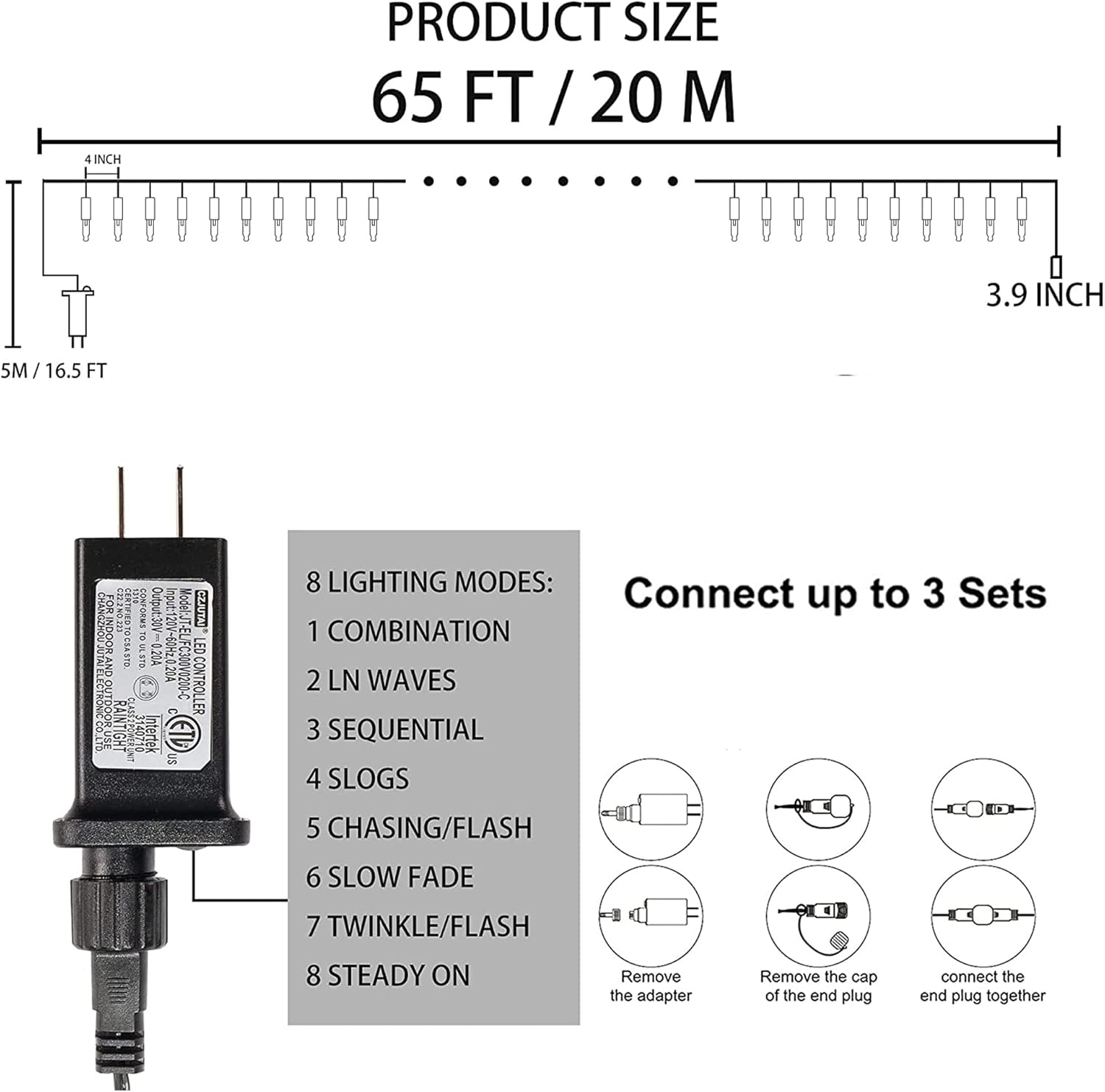 connectable end-to-end up to 3 strings / 1000 leds maximum