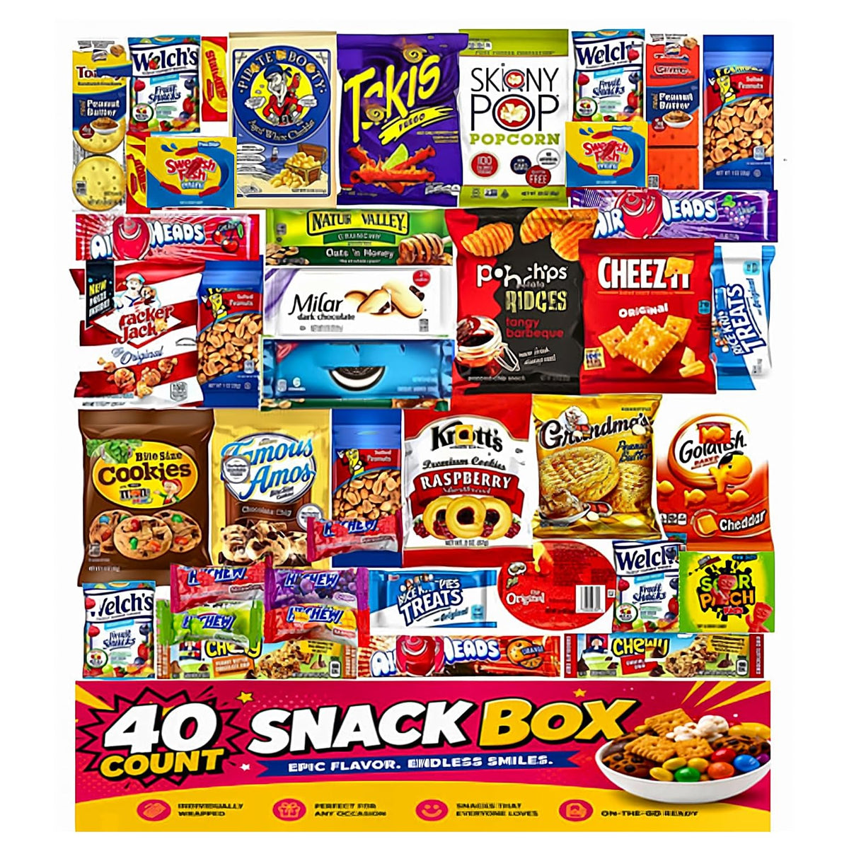 contains 40 assorted snack pieces across sweet, salty, savory, and popcorn-style categories