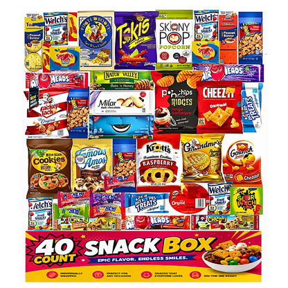 contains 40 assorted snack pieces across sweet, salty, savory, and popcorn-style categories