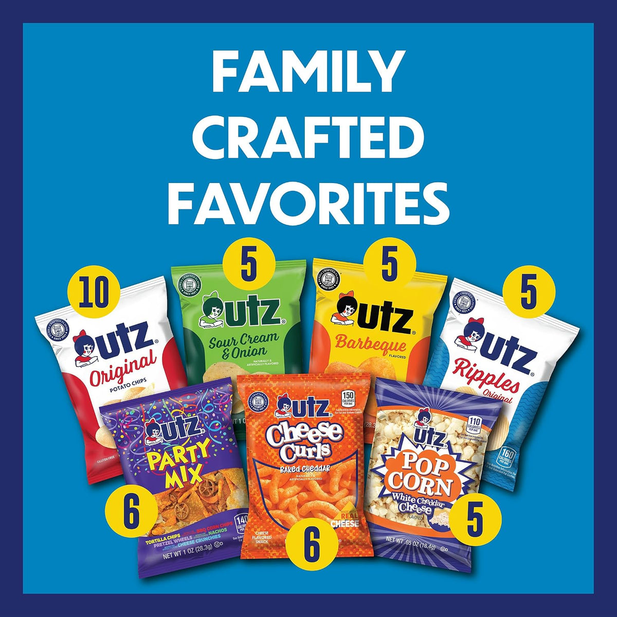 contents include 10 original chip bags, 5 ripple chip bags, 5 bbq chip bags, 5 sour cream & onion chip bags, 6 cheese curls bags, 6 party mix bags, and 5 white cheddar popcorn bags.