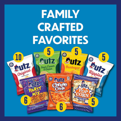 contents include 10 original chip bags, 5 ripple chip bags, 5 bbq chip bags, 5 sour cream & onion chip bags, 6 cheese curls bags, 6 party mix bags, and 5 white cheddar popcorn bags.