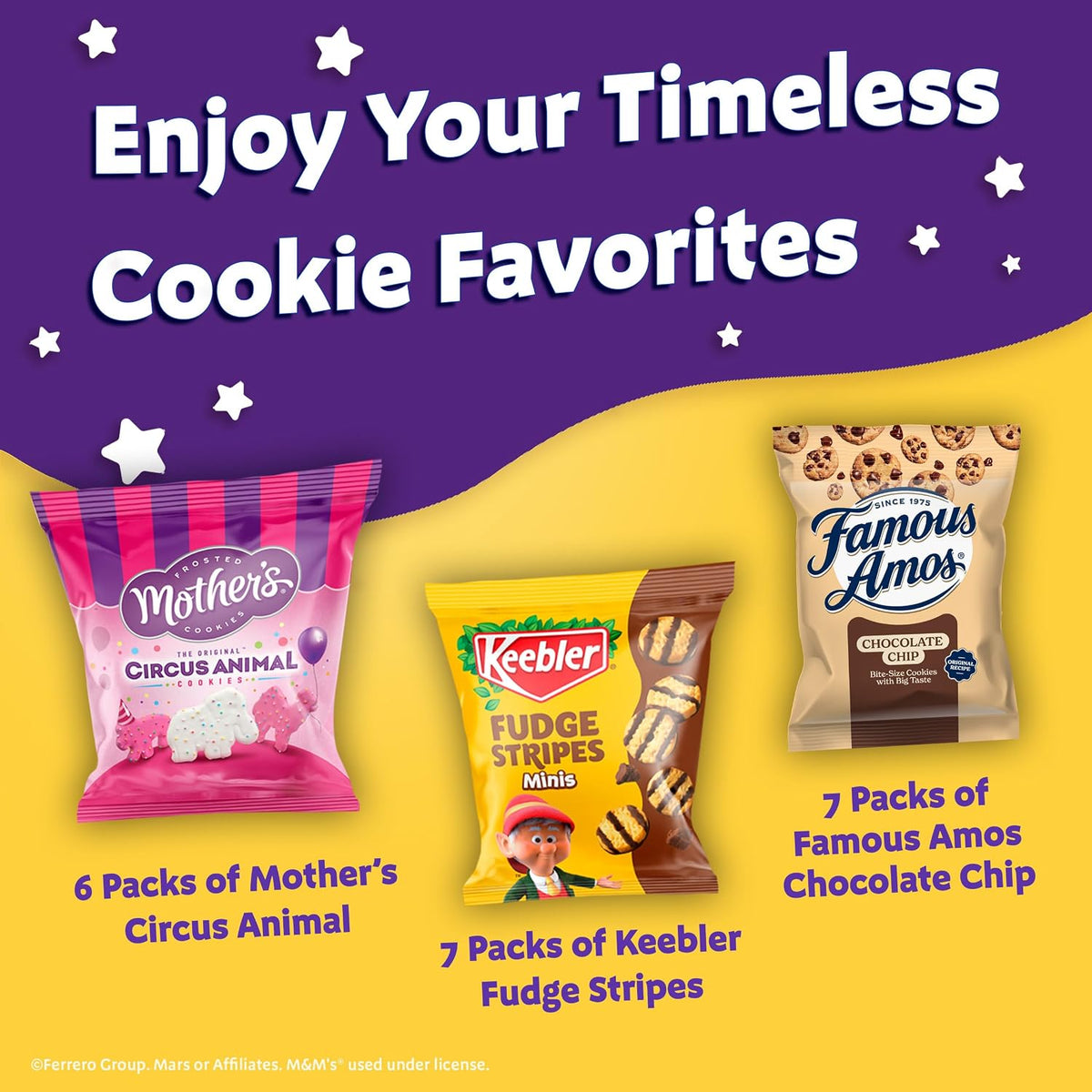 cookies provide three distinct formats and flavors: frosted animal shapes, fudge-striped mini cookies, and bite-sized chocolate chip cookies