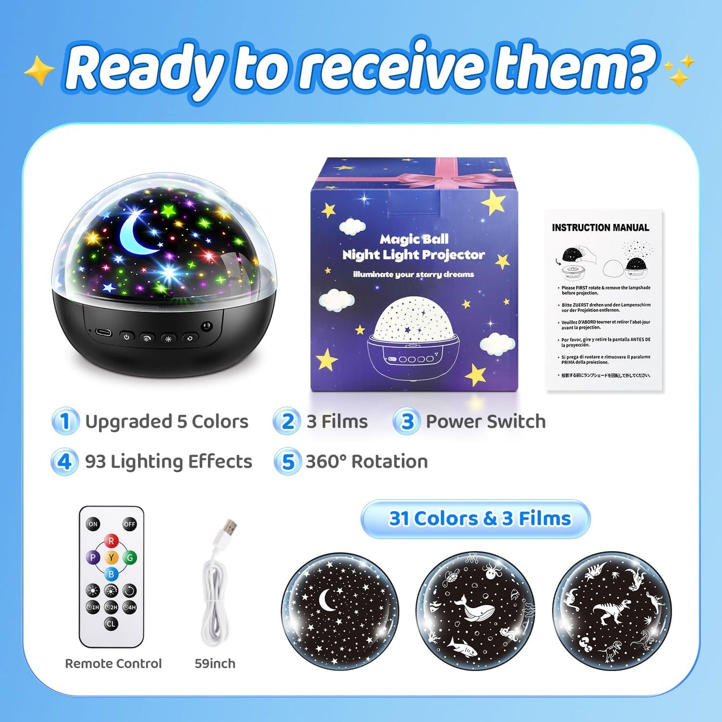 COOLNIGHT Toddler Night Light Projector – Playroom and Nursery Decor with 3 Interchangeable Films