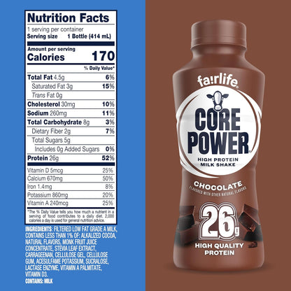 Core Power Protein Shake – Focused Morning Energy Shake for Back-to-Back Meetings and Travel Days, Chocolate 12 Pack