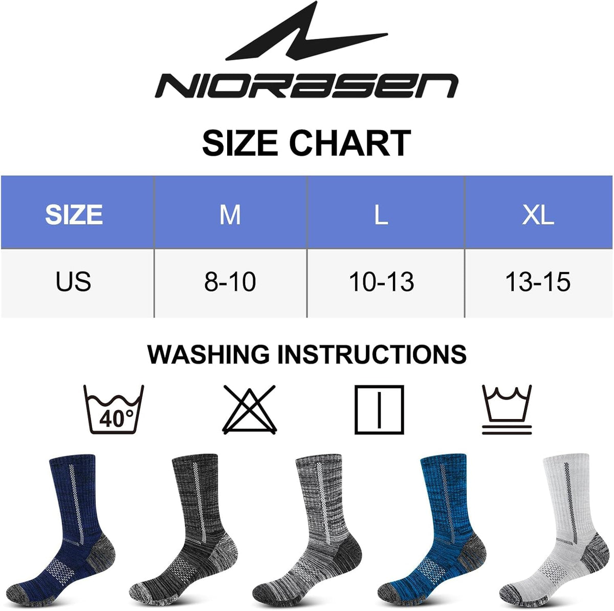 Niorasen Men's Cushioned Crew Socks, 5 Pairs, Boot Socks for Trekking, Backyard Projects, and Open-Air Days