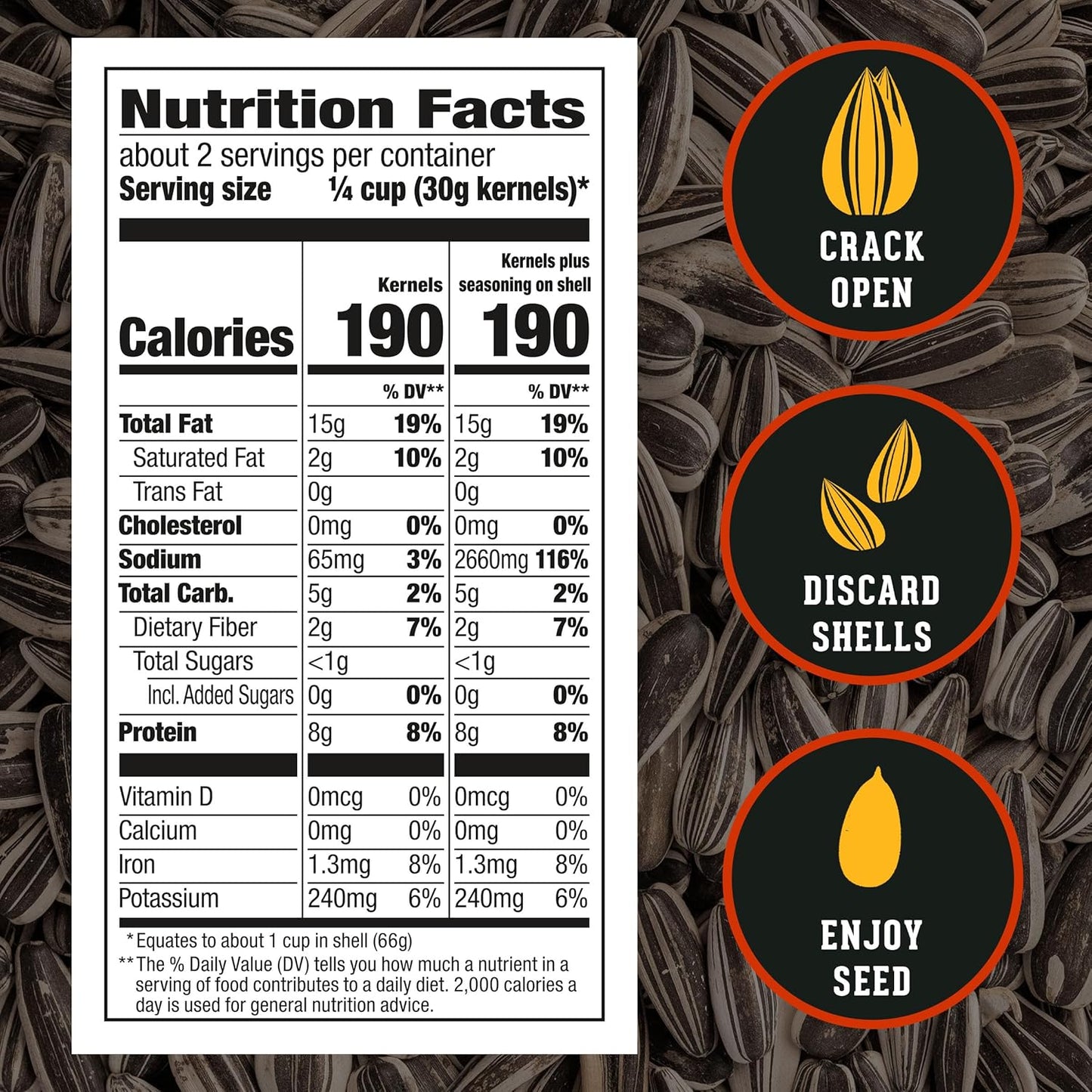 cracked pepper flavor coating over roasted, salted jumbo sunflower seeds