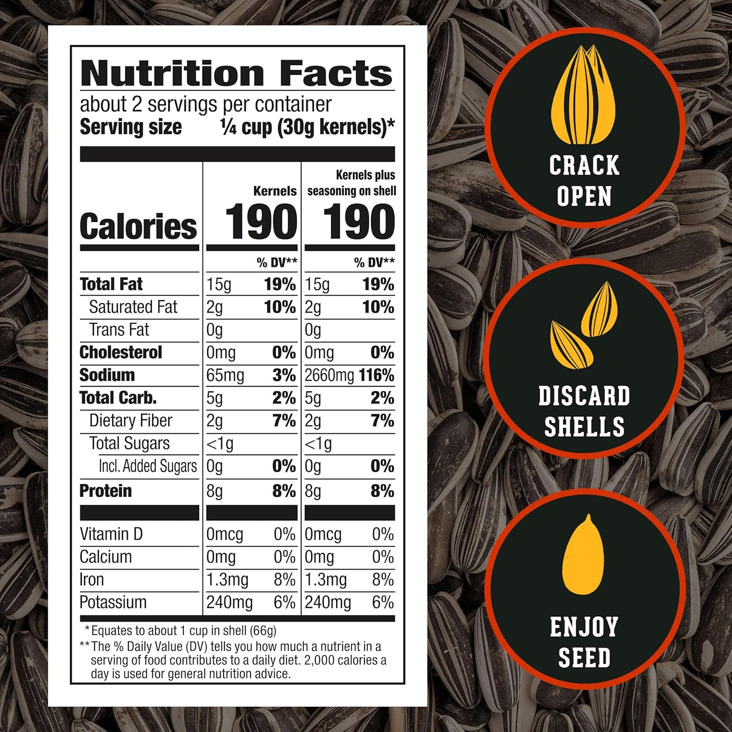 cracked pepper flavor coating over roasted, salted jumbo sunflower seeds