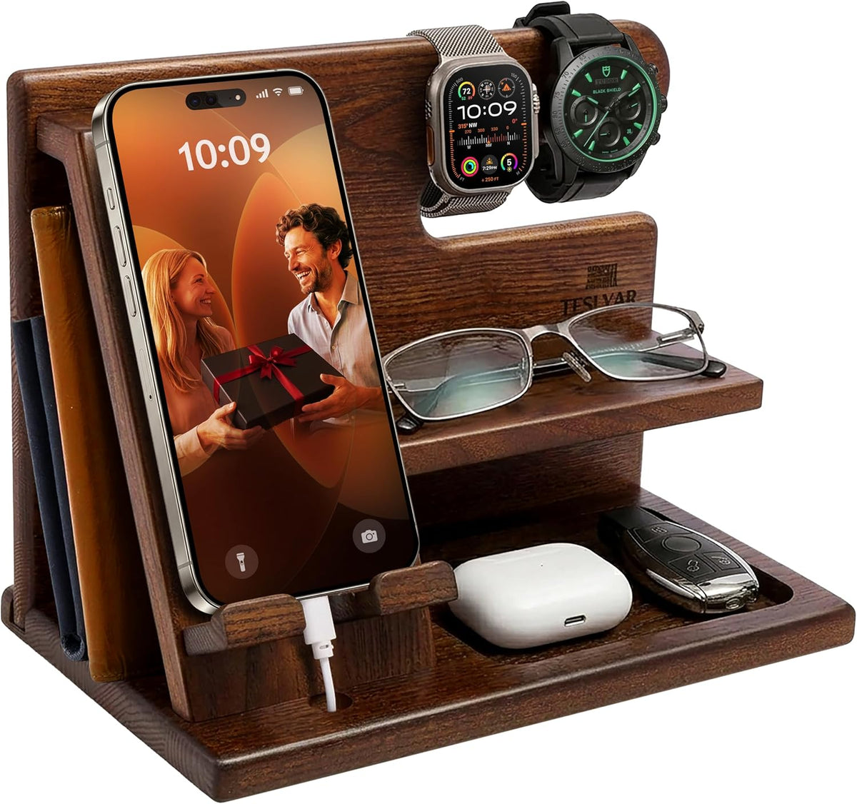 crafted from solid wood with a smooth polished finish and naturally unique grain; the available finishes are granite black, bourbon brown, chestnut brown, and earth beige
