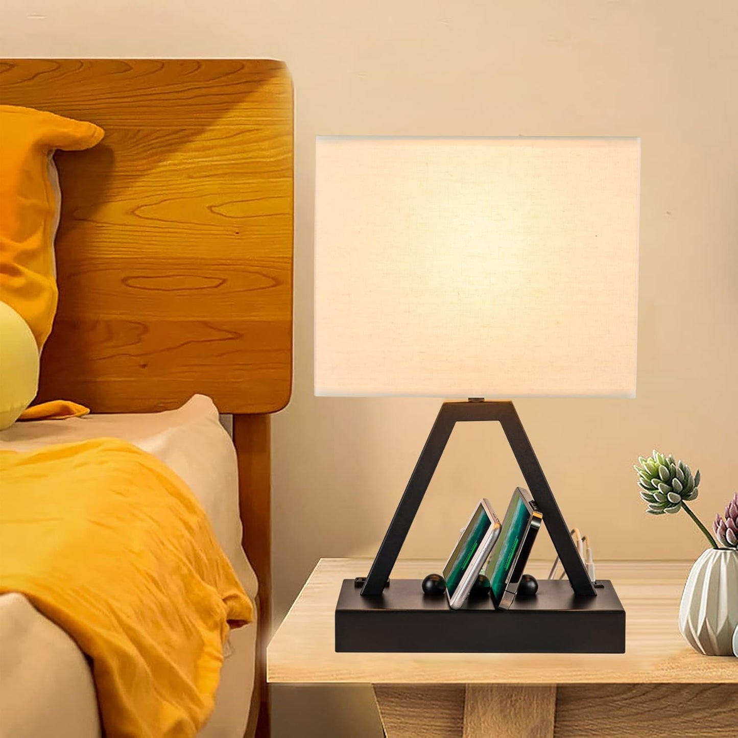 cream linen fabric lampshade paired with a rust-resistant metal base, available in gold, black, white, and silver finishes