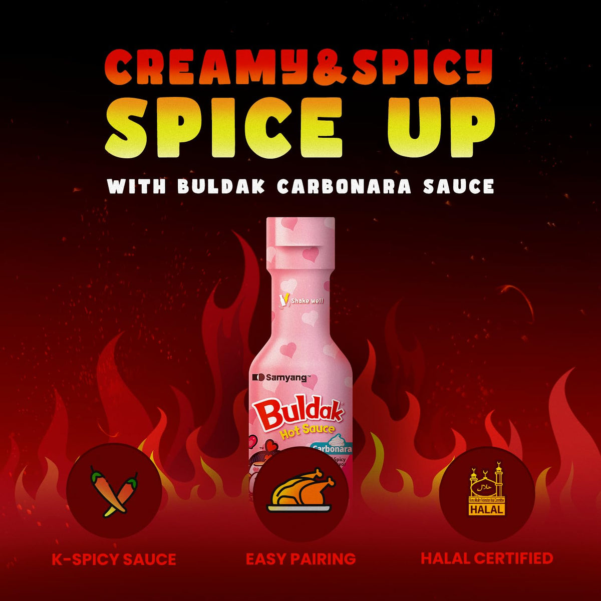 creamy carbonara base blended with buldak signature chili heat and habanero/capsicum oleoresin