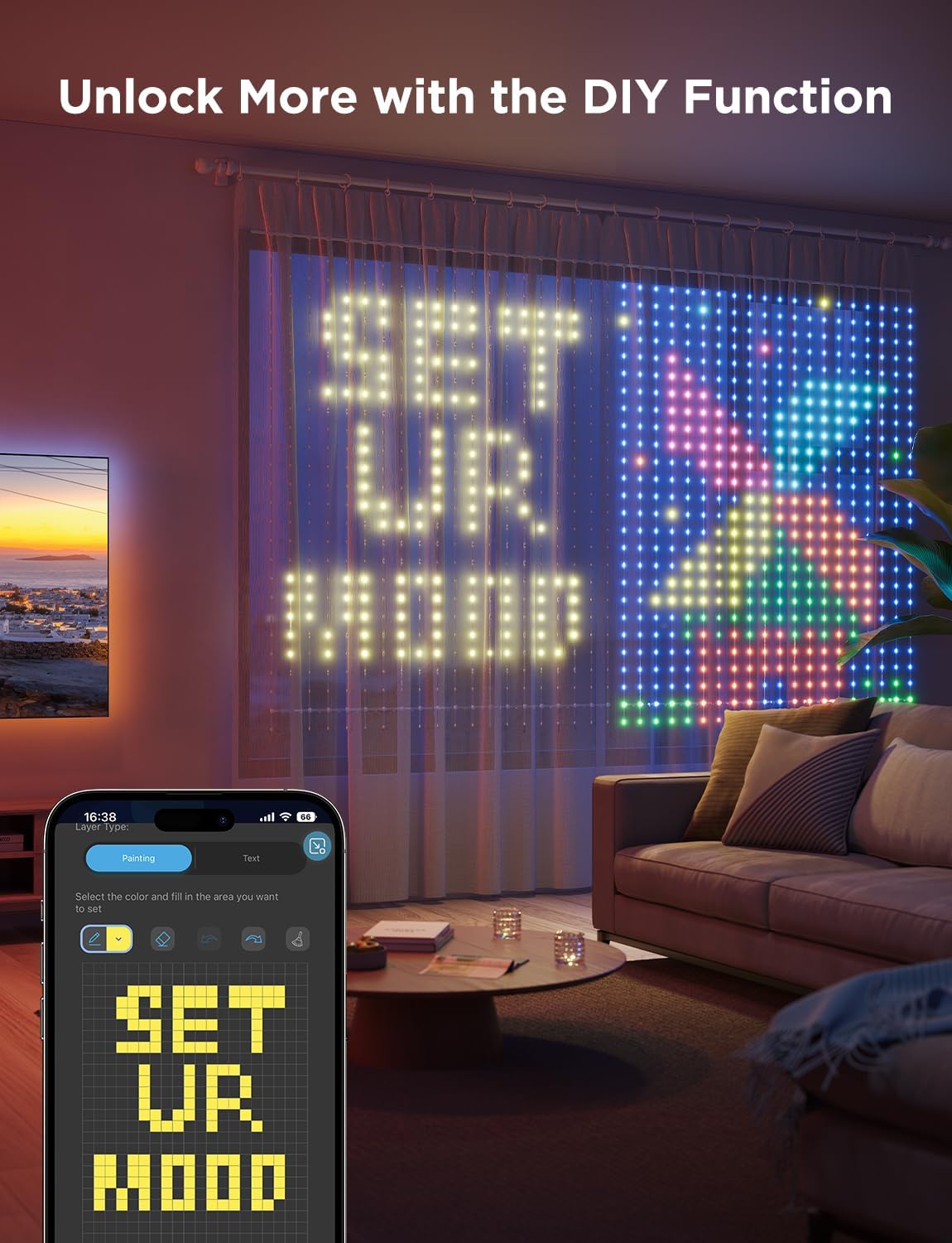 creative tools include 10 layered canvases, an asset gallery, direct image and gif uploads, 200kb gif compatibility, and ai lighting bot 2.0 for speech, text, or photo prompts
