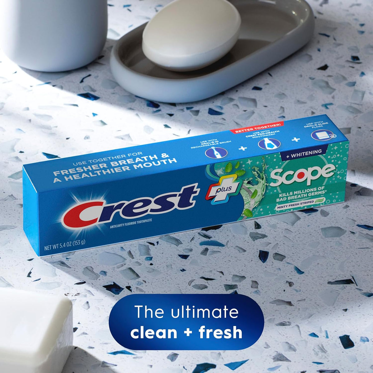 crest + scope dual-action formula kills bad-breath germs in lab tests