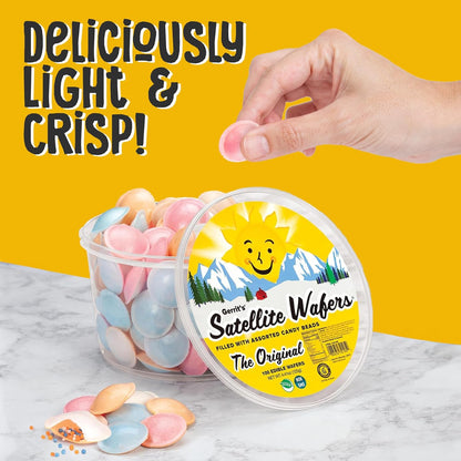 crunchy multi-colored candy beads sealed inside each wafer