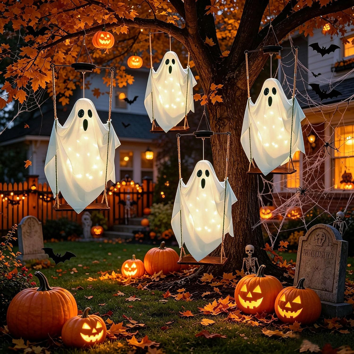 cut-out black eyes and screaming mouth backlit by warm white led string lights