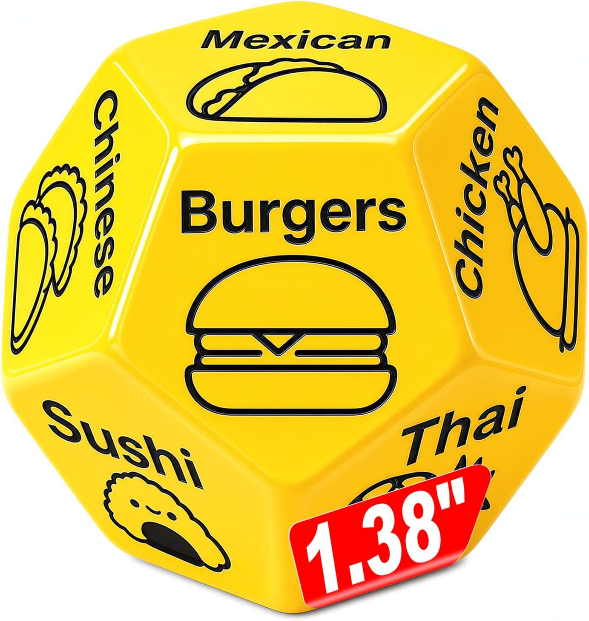 d12 dodecahedron shape with 12 distinct food choices engraved on each face