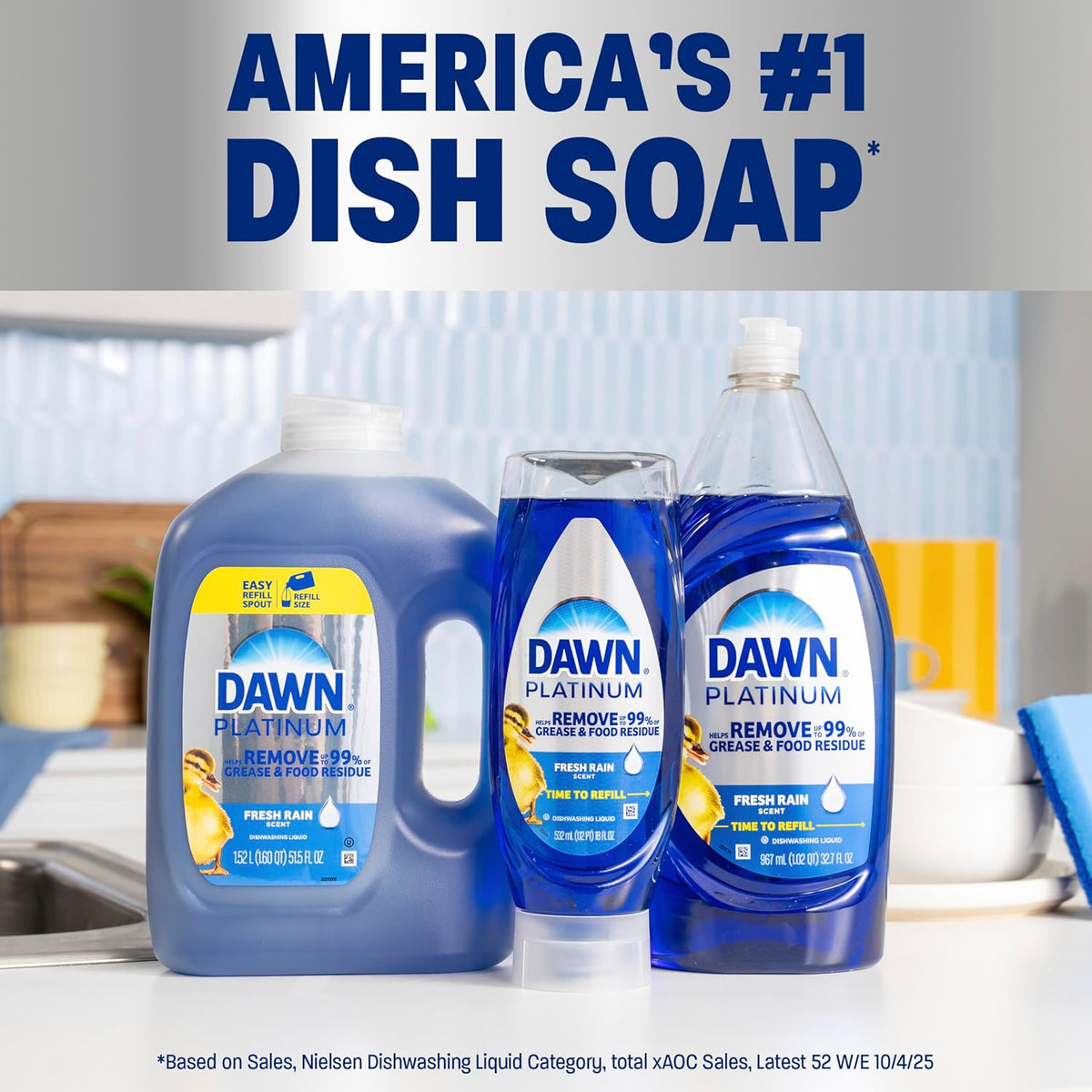 Dawn Platinum Dish Soap Refill Jug for the Busy Home Office Routine, Fresh Rain Scent Dishwashing Liquid That Keeps Your Workspace Scent-Fresh