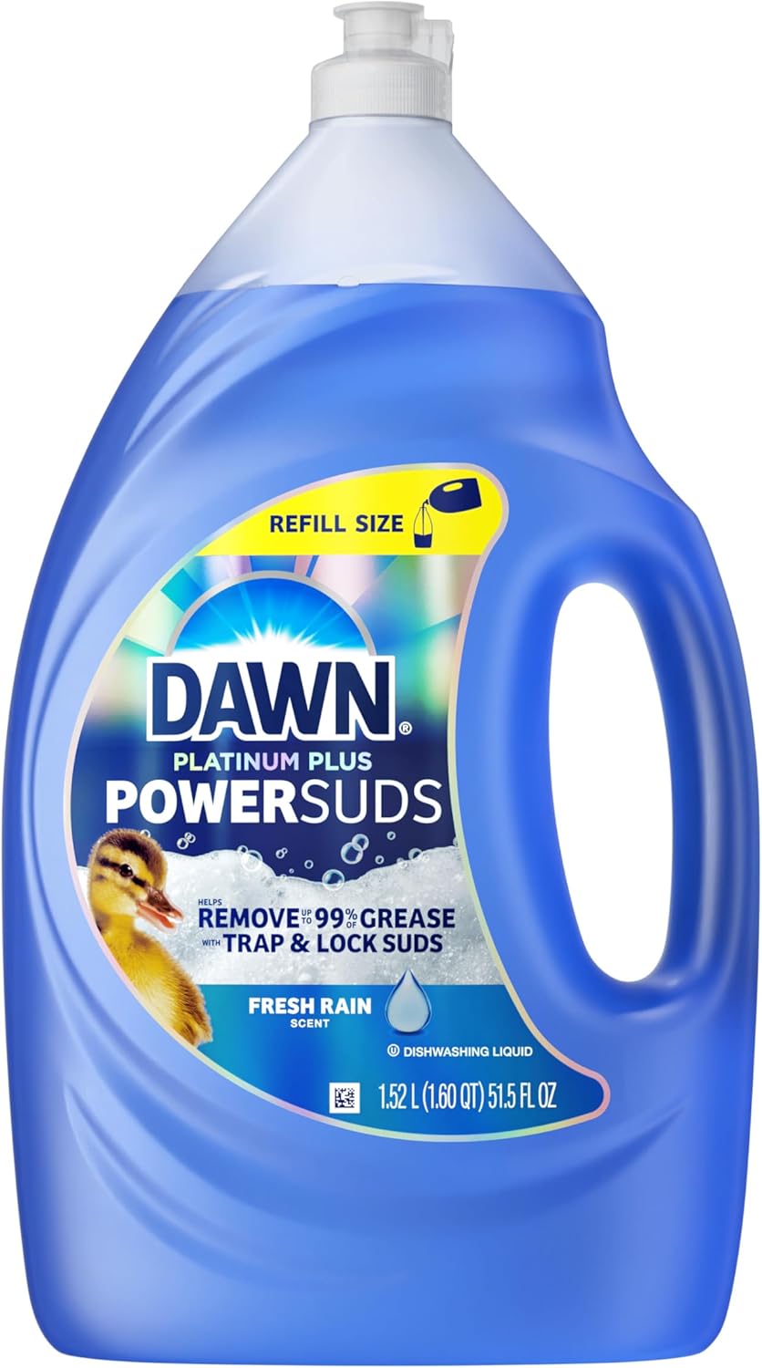 Dawn Platinum Plus PowerSuds 51.5 oz Refill – Skin-Friendly, Plastic-Safe Dish Soap for Family Kitchens
