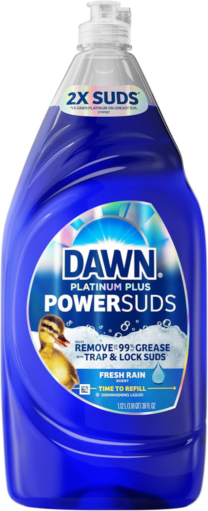 Dawn Platinum Plus PowerSuds Liquid Dish Soap for Calming Evening Kitchen Rituals, Fresh Rain Scent to Unwind After Dinner