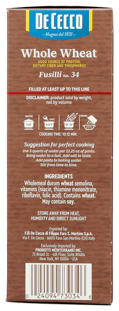 De Cecco Whole Wheat Fusilli – Essential Bronze-Cut Pasta for Effortless Sauce-Pair Dinners