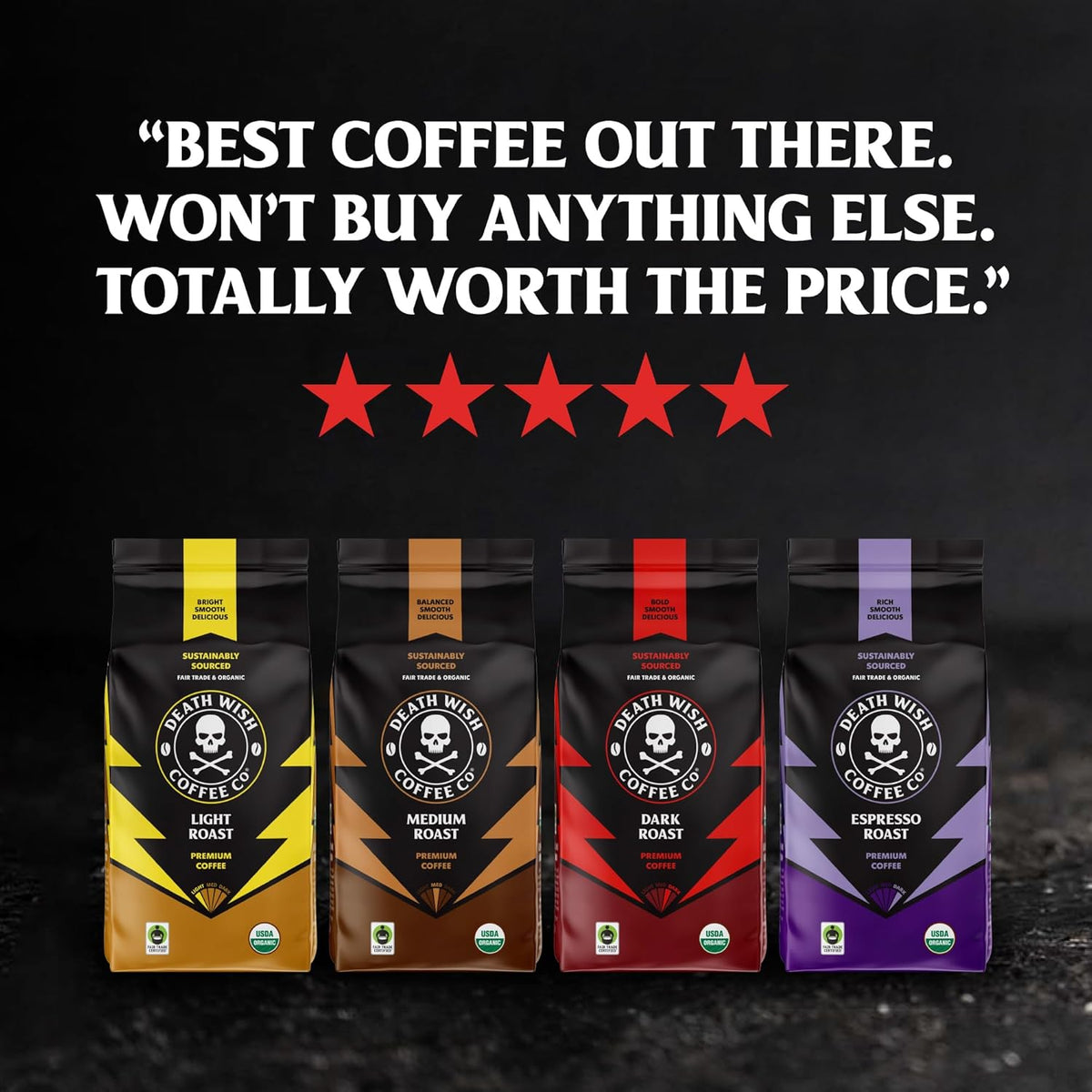 Death Wish Coffee Fair Trade Dark Roast — Break Room Energy Boost for Back-to-Back Meetings, 16 oz