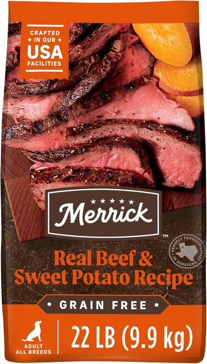 deboned beef is the first ingredient; the recipe also contains pork, salmon meal, sweet potatoes, salmon oil, fruits, and flaxseed, so it is not beef- or fish-free.