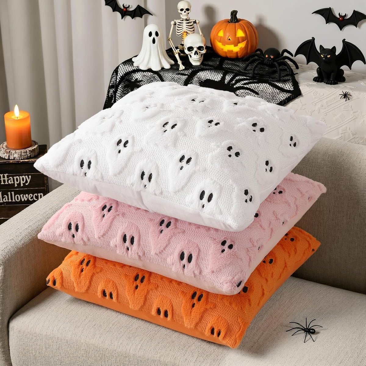 decorUhome 3D Plush Ghost Accent Pillow 20x20 Set of 2 – Cozy Kids Bedroom Bedding Layer, Pet and Toddler Friendly