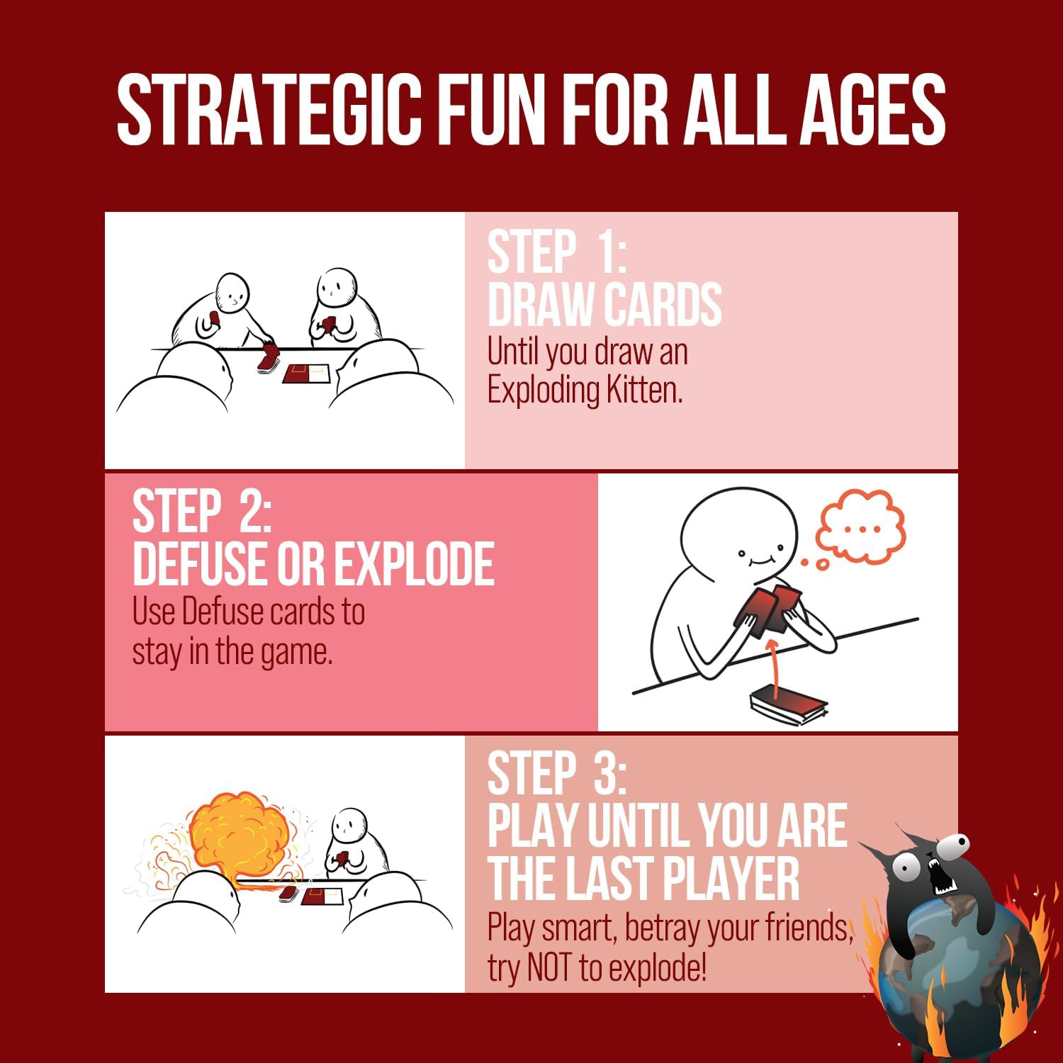 defuse cards and action/sabotage cards create strategy-luck-betrayal mechanics