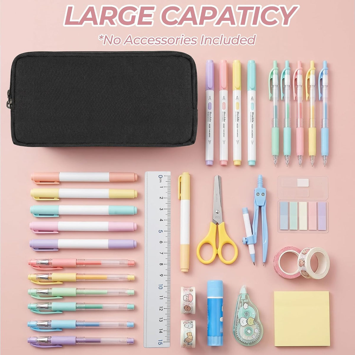 Della Gao Large Pencil Case – Modern Minimalist Pouch, Effortless Organization in Jet Black and Light Blue