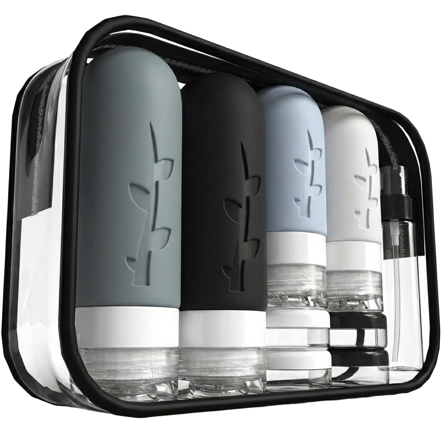 DEPOZA Travel Bottles Kit (16 Pack) - TSA Approved, Leak Proof Silicone Squeezable Containers for Toiletries. Complete Set with Jars, Sprayers &amp;amp; Bag (Black)