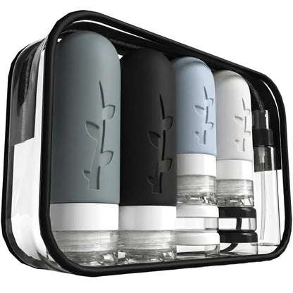 DEPOZA Travel Bottles Kit (16 Pack) - TSA Approved, Leak Proof Silicone Squeezable Containers for Toiletries. Complete Set with Jars, Sprayers &amp;amp; Bag (Black)