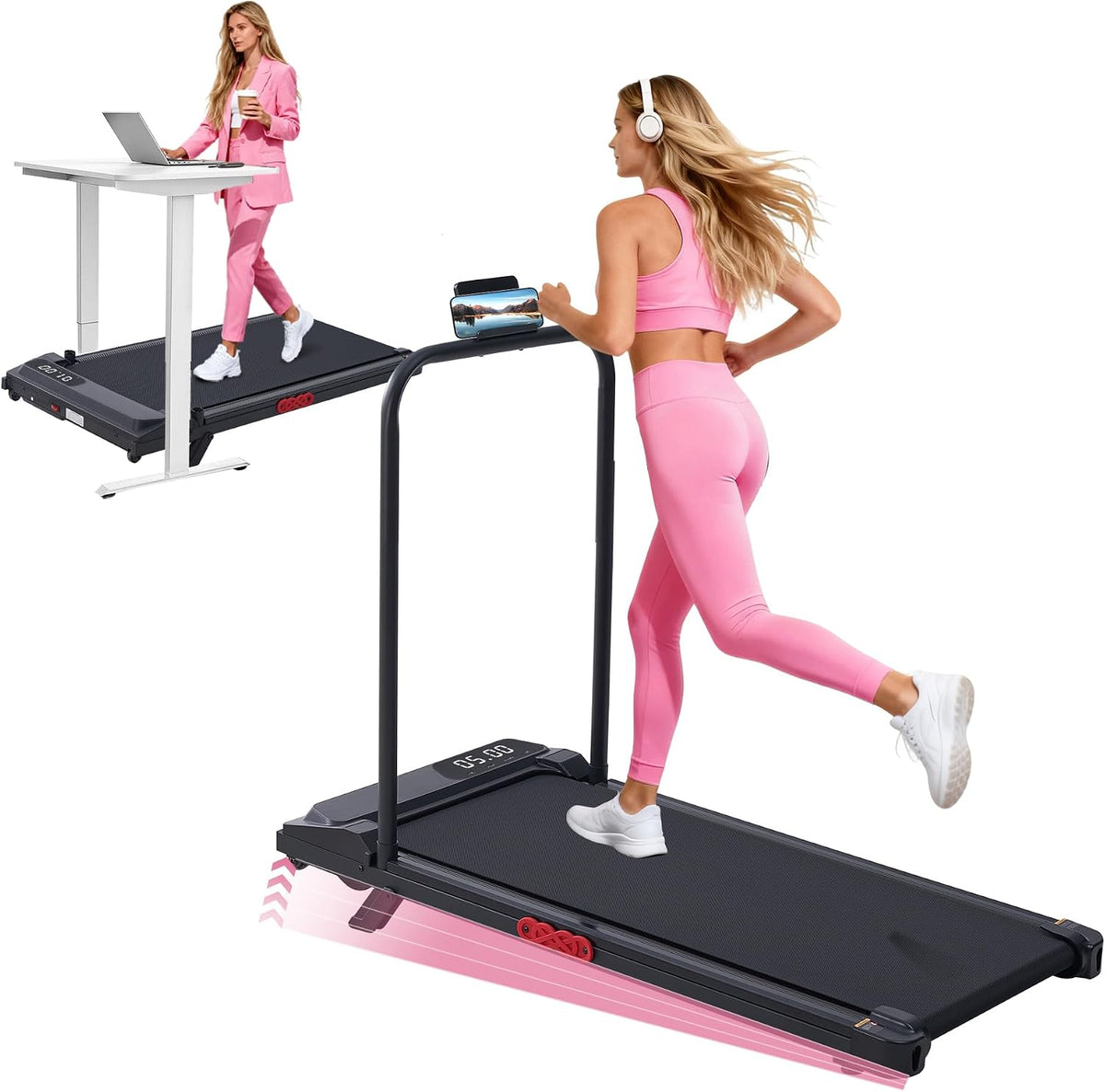 detachable 2-in-1 handle bar that toggles between supported walking mode and under-desk mode