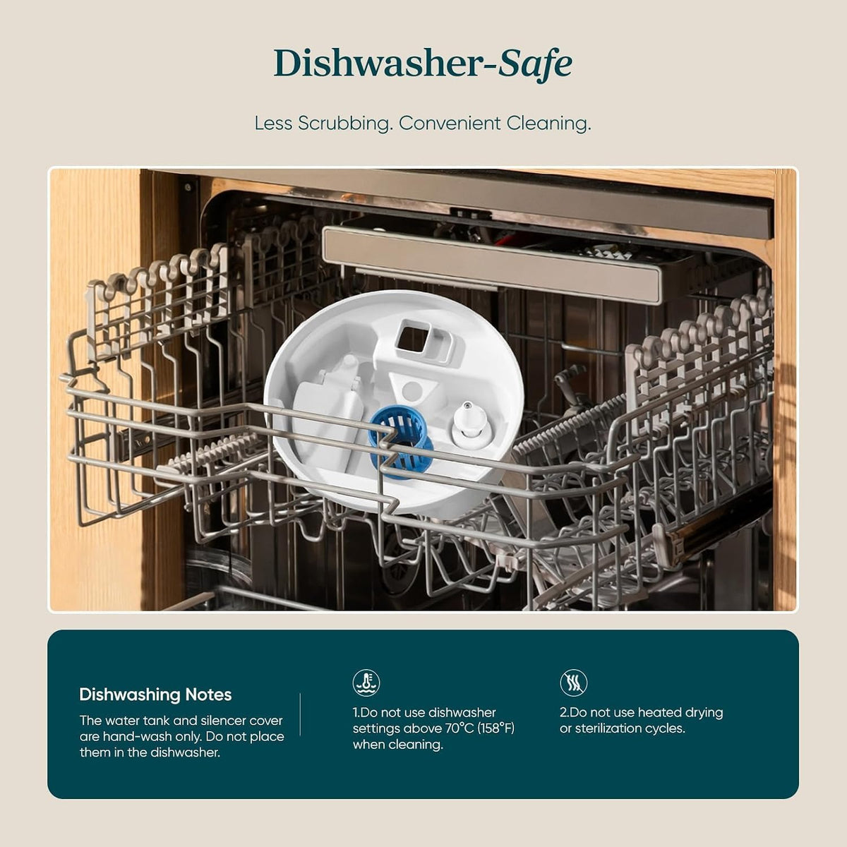 detachable dishwasher-safe tray (top rack, mild detergent, no heat dry)