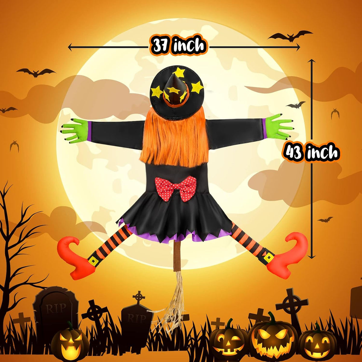 detailed costume elements including starry pointed hat, red and black striped stockings, red high heels, golden pumpkin hair, and eerie green hands