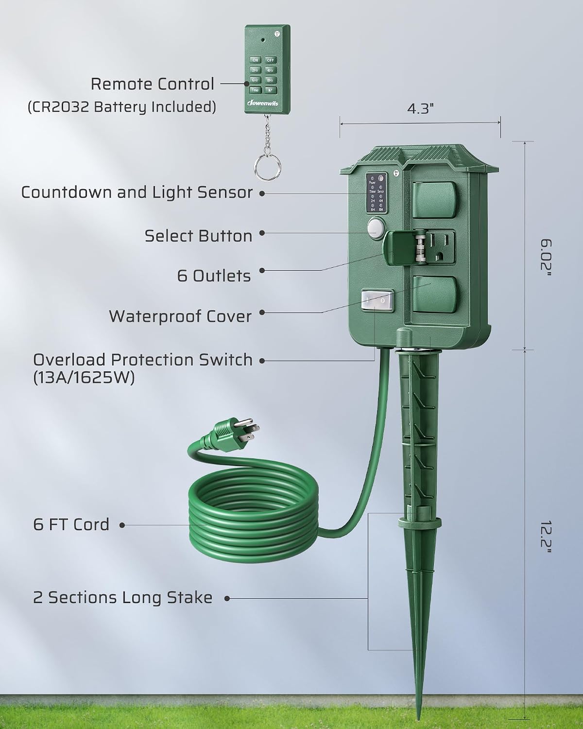 DEWENWILS Outdoor Power Stake Timer with Remote for Patio, Garden & Camping Power, 6 Waterproof Outlets 100ft RF Control
